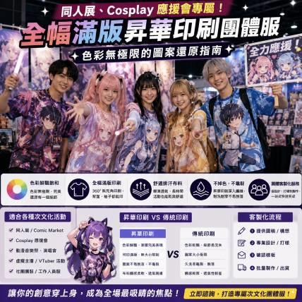 同人展、Cosplay 應援會專屬！全幅滿版昇華印刷團體服：色彩無極限的圖案還原指南