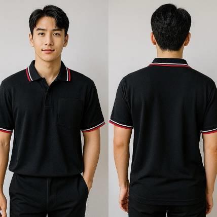 小鳥眼排汗高爾布POLO衫團體服｜黑底紅白條公司制服推薦