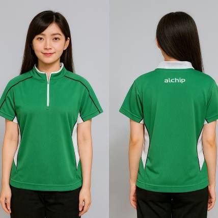拉鍊式 Polo 衫設計案例｜綠白拼接短袖團體服，透氣機能 × 專業造型一次到位