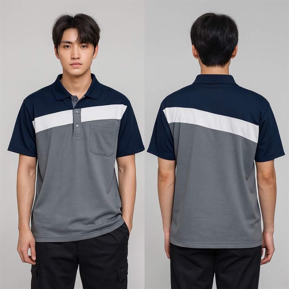 涼爽排汗 POLO 衫｜海軍藍×灰拼色＋斜白條，清爽專業一件到位