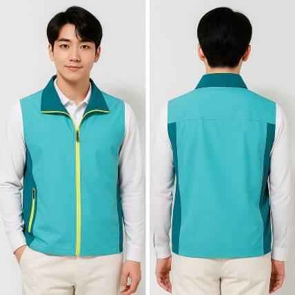 防撥水背心團體服案例｜湖綠拼接黃拉鍊 立領拉鍊款團體制服