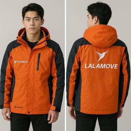 LALAMOVE 防水兩件式制服｜防潑水連帽設計 × 橘黑撞色團體外套款