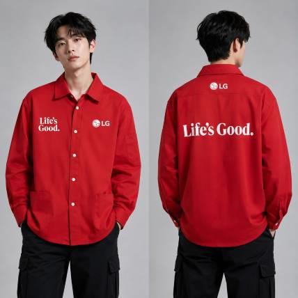 LG 紅色長袖工作襯衫案例｜企業制服繡花 × Life’s Good. 網版膠印訂製