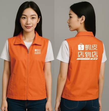 蝦皮店到店制服背心｜印花橘白撞色 × 防潑水 × 物流團隊專屬制服款