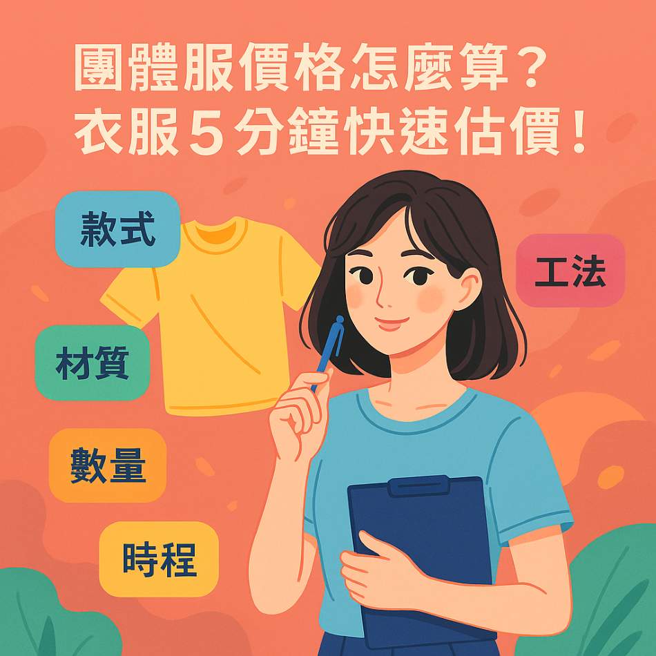 團體服價格試算示意:材質與數量、印刷/電繡、特殊加工、交期組成單價