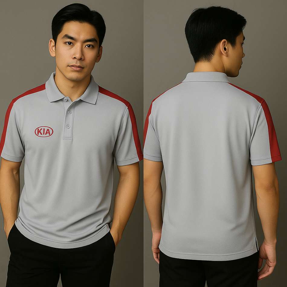KIA 員工制服 正反面展示|灰色Polo衫拼接酒紅肩條設計