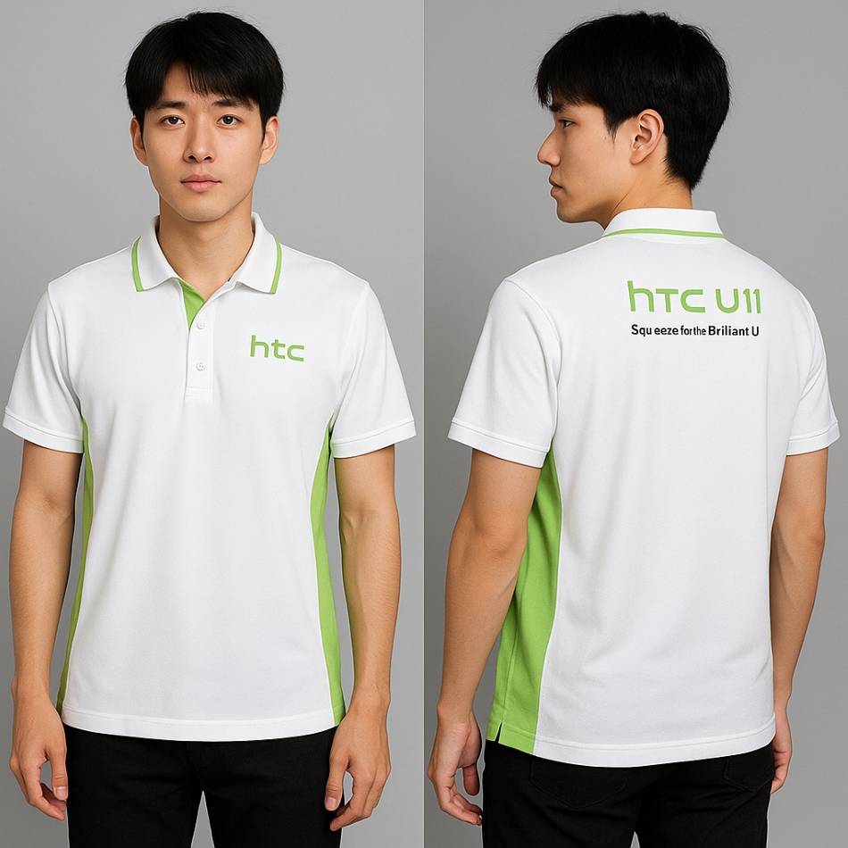 HTC 團體 POLO 衫正反面展示,白底搭配綠色設計,展現企業識別