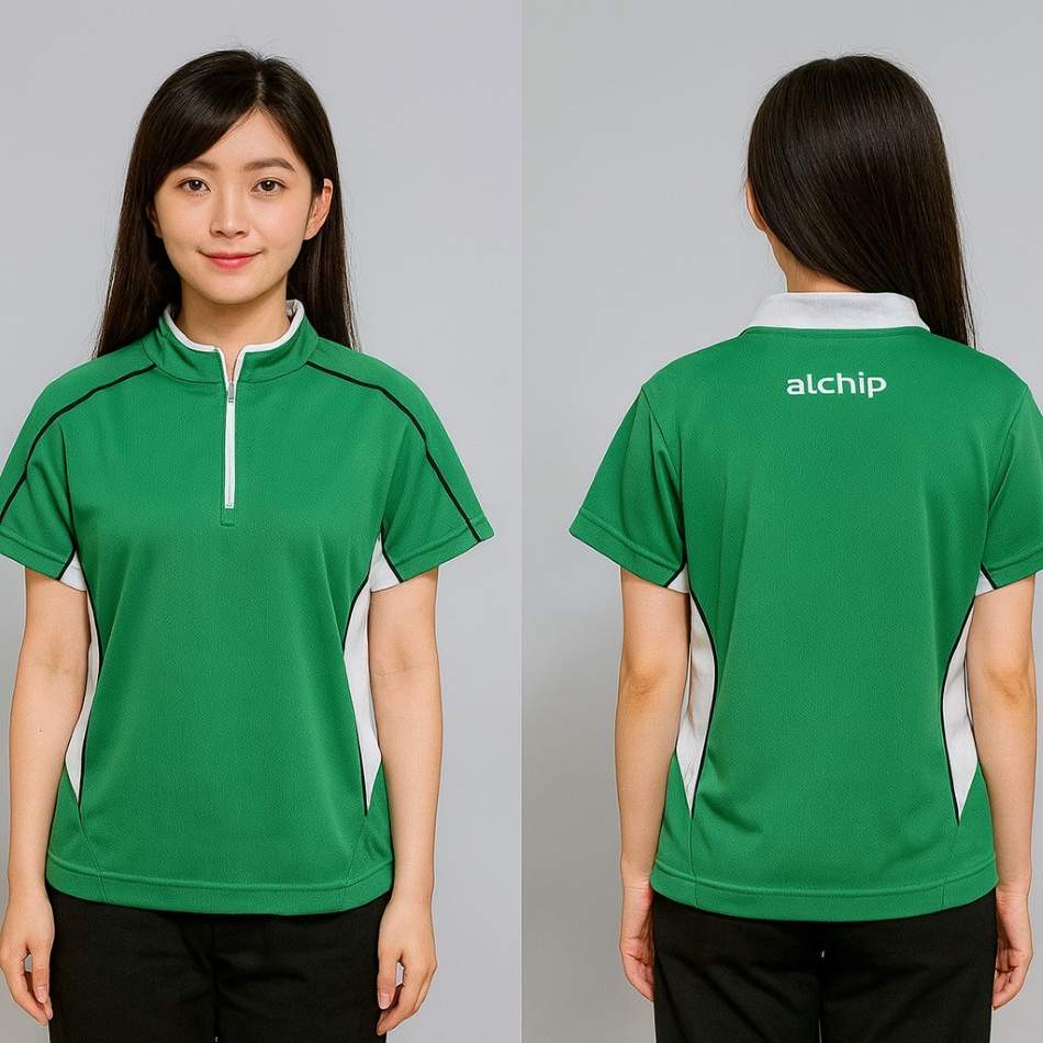 拉鍊式 Polo 衫 綠白拼接 前後實拍 團體服案例