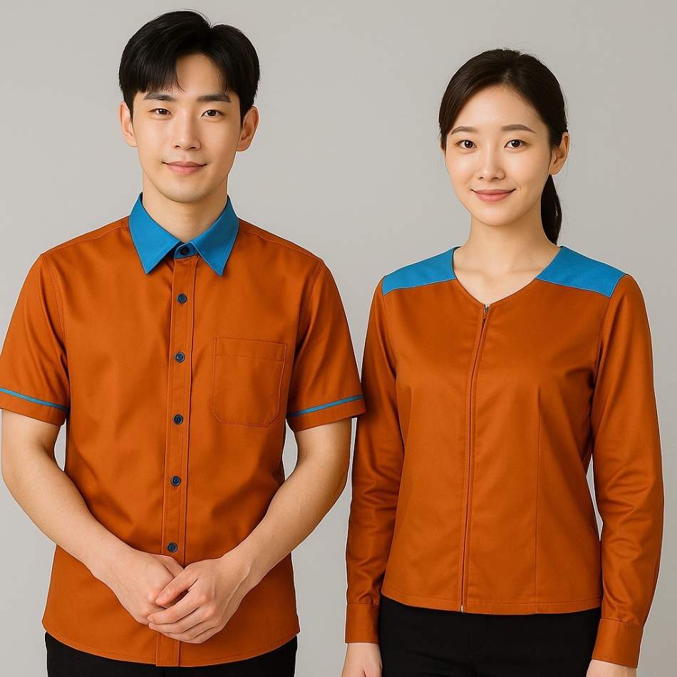 公司制服訂做推薦|台灣大哥大門市團體服設計案例 台灣大哥大制服 團體服推薦|橘藍撞色企業制服,男襯衫女外套專屬設計