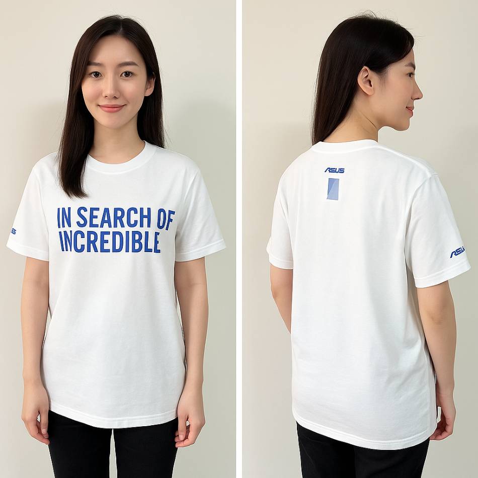 ASUS白色T-shirt 前後展示圖,搭配品牌標語與LOGO