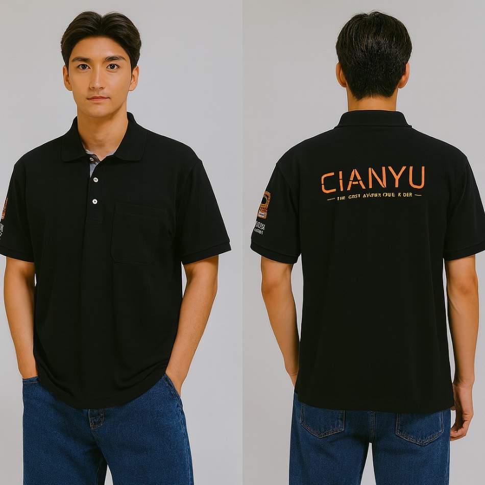 六角排汗網眼 POLO 衫 黑色 口袋款 背面品牌印刷 前後展示 團體制服客製案例