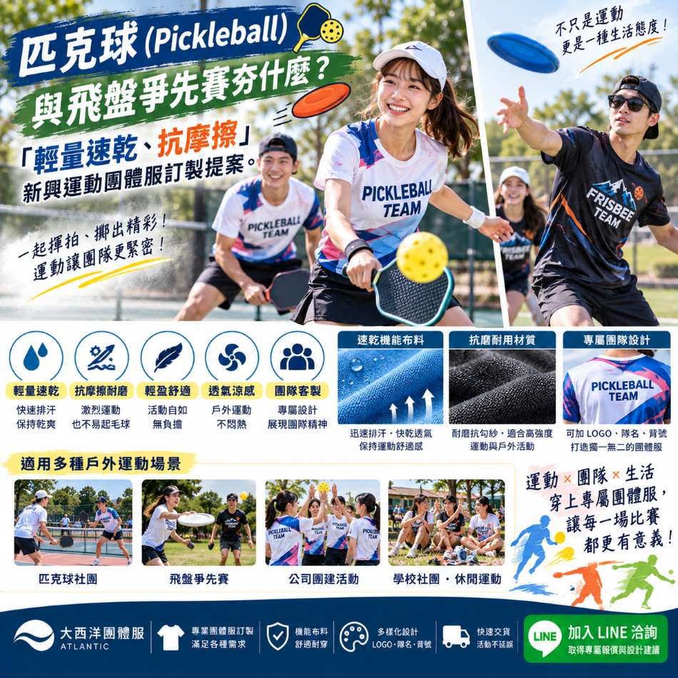 匹克球與飛盤爭先賽運動團體服訂製，輕量速乾排汗T恤、抗摩擦飛盤隊服、客製化球隊戰袍