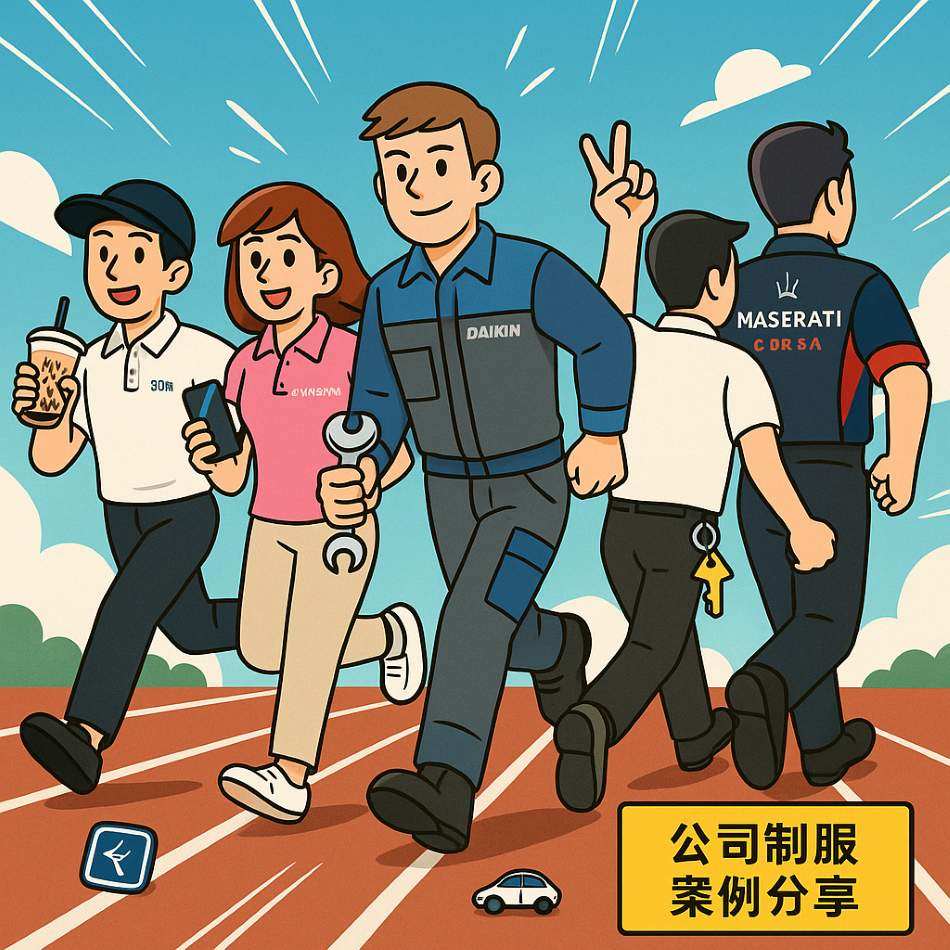 公司制服團體服五大品牌案例展示圖,包含50嵐、三星、大金、永慶、瑪莎拉蒂制服