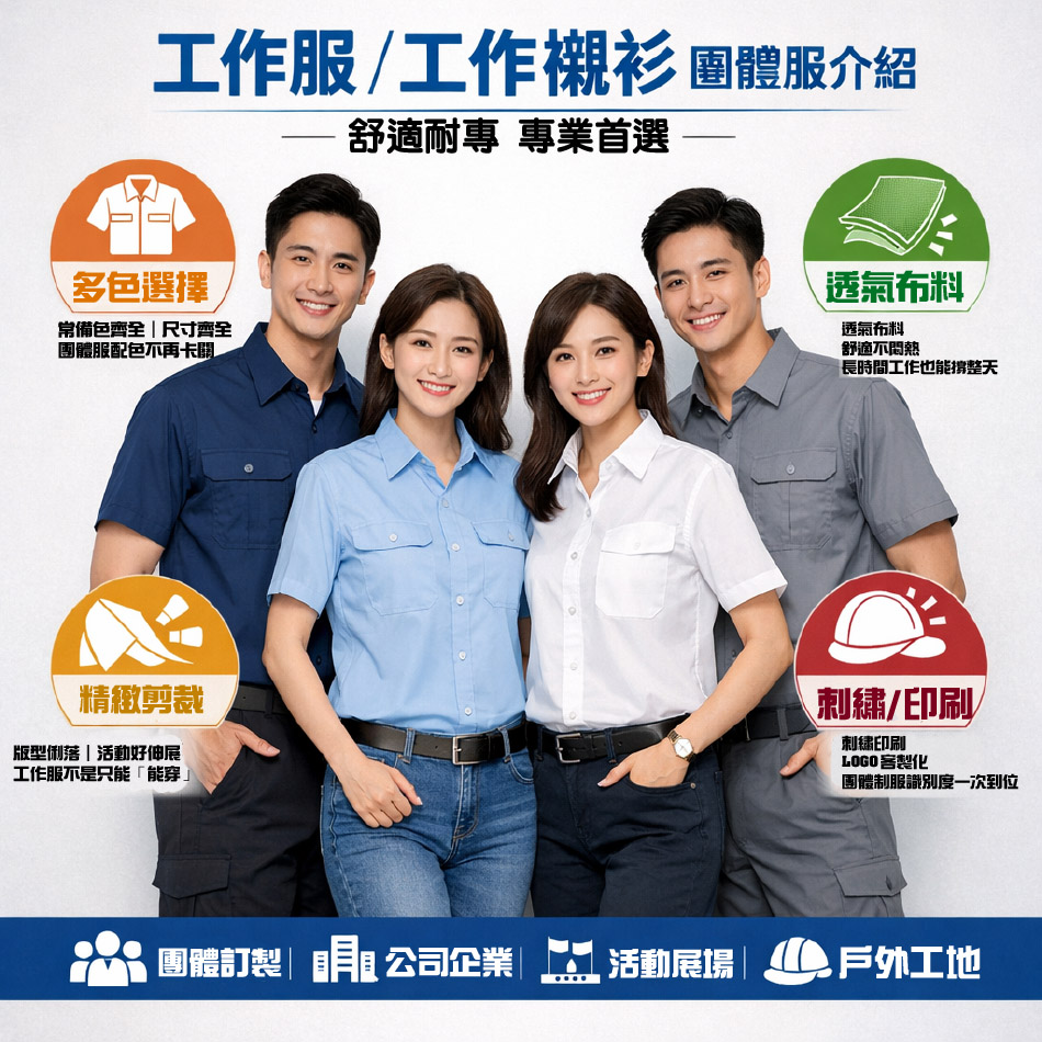 工作服與工作襯衫團體服介紹：制服訂做、耐磨機能、場合建議