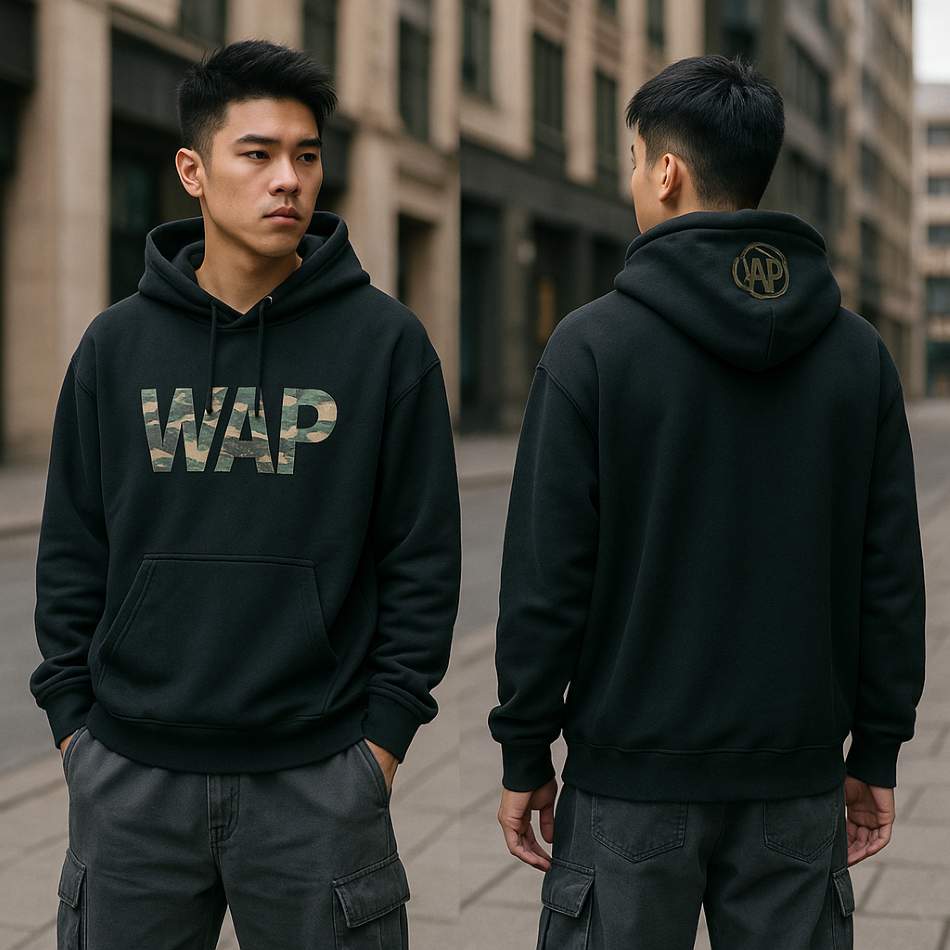 WAP黑色迷彩LOGO連帽帽T 正反面展示
