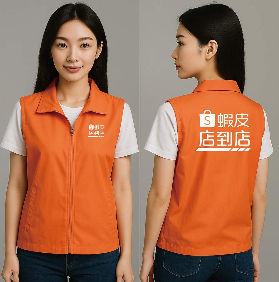 蝦皮店到店制服背心 正反面展示|橘色物流公司制服與團體服推薦