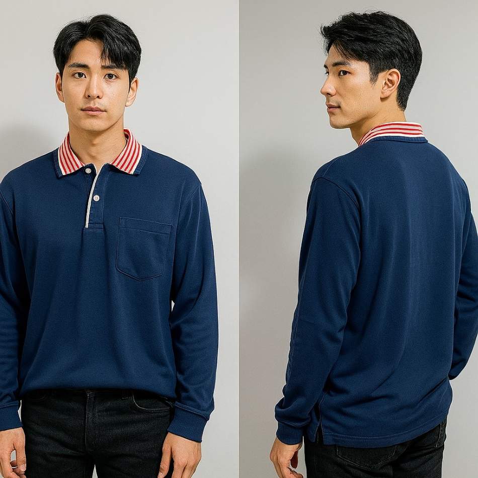 深藍紅條領長袖POLO衫 團體服訂做 團體制服推薦