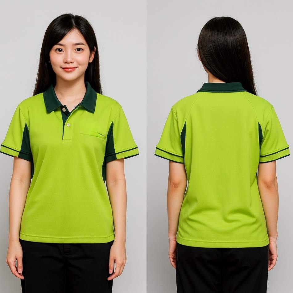 蘋果綠與深綠拼接 女版排汗 Polo 衫 前後展示照