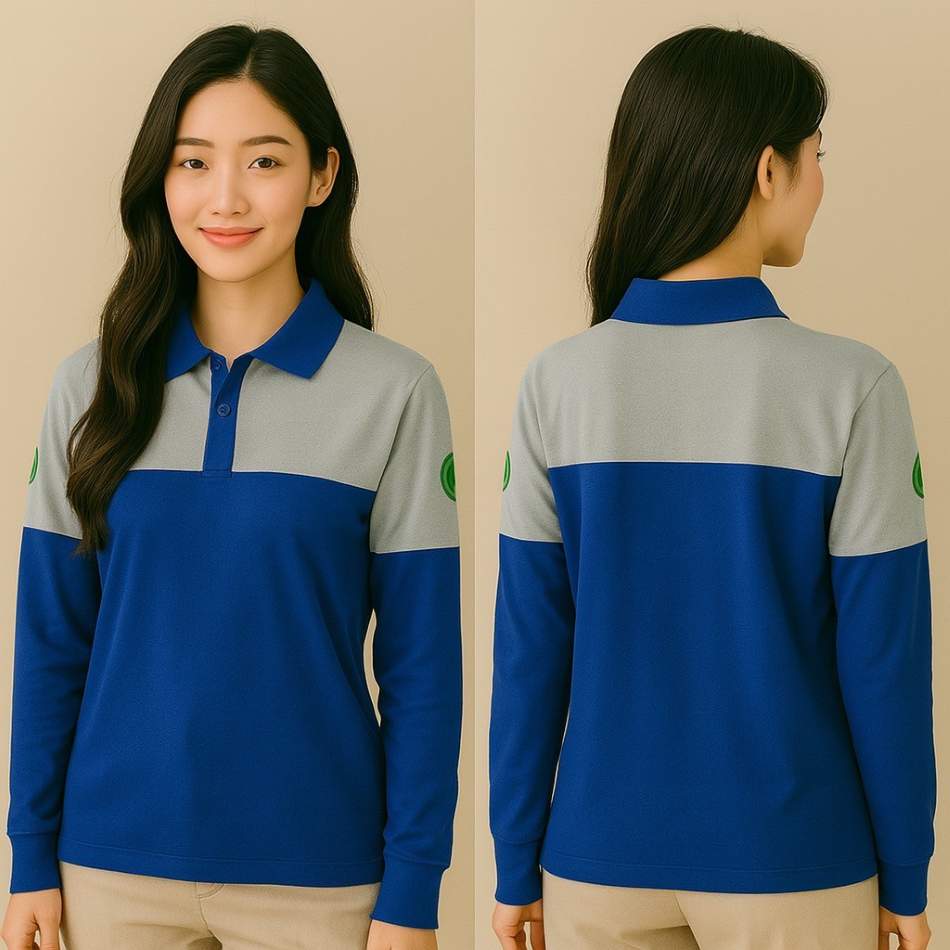 C+T 高爾布長袖 POLO 衫 藍灰拼接 前後實拍 團體制服客製案例