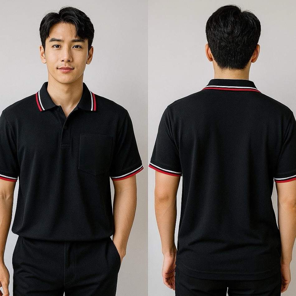小鳥眼排汗高爾布POLO衫 黑色紅白條團體服訂做推薦|公司制服推薦|制服訂做|POLO衫團體服